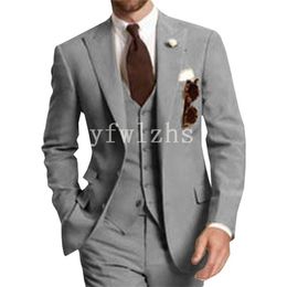 Handsome Grey Man's Suits Peak Lapel Groom Tuxedos Groomsmen Wedding/Prom/Dinner Man Blazer Jacket Pants Vest Tie N063