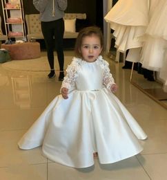 Girl's Dresses Cute White Flower Girl Jewel Long Sleeves Bow Beaded Lace Pageant Gown Puffy Birthday GownGirl's