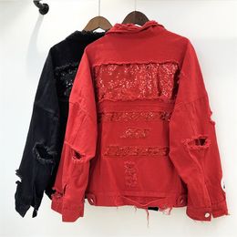 DEAT 2019 Red Black Denim Jacket Cotton Loose Free Size Coat Autumn Big Size Hole Jacket Women Sequin Denim Jacket MF746 T200111