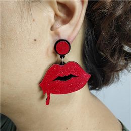 Dangle & Chandelier Glitter Acrylic Drop Earrings For Women Red Blood Lips Black Bat Logo Gothic Jewellery Halloween Accessories