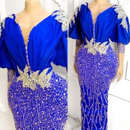 2022 Plus Size Arabic Aso Ebi Royal Blue Luxurious Prom Dresses Lace Beaded Evening Formal Party Second Reception Birthday Engagement Gowns Dress ZJ677