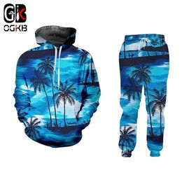 OGKB 3D Leisure Seaside Tracksuit Men 3D Print Coconut Tree Streetwear Plus Size Hoodies And Jogger Pants Sets Habiliment 201210