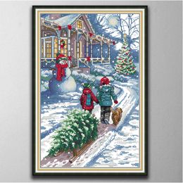 Christmas snow scene Handmade Cross Stitch Craft Tools Embroidery Needlework sets counted print on canvas DMC 14CT 11CT Home decor paintings