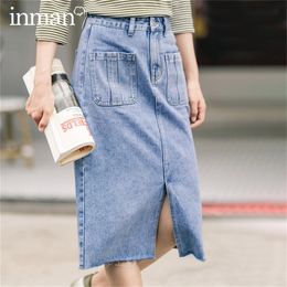 INMAN 2020 Autumn New Arrival All match Vintage Wash Fashion Womens Denim Jeans High waisted slit Female Ladies A line Skirt LJ200820