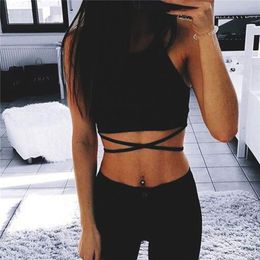 Tops Summer Women Sexy Camis Sleevelsess Hollow Out Short Cropped Top Slim Spaghetti Strap Streetwear Black Lace Up Camisoles 220607