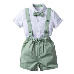 Clothing Sets Baby Boys Daily Summer Clothes Children Green 3 PCS Cotton Suit Solid T-shirt Overalls With Bow Toddler Fashion Casual Outfits