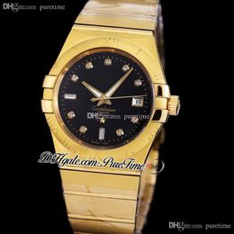 38mm Classic A8500 Automatic Mens Watch 18K Yellow Gold Black Dial Diamonds Markers Stainless Steel Bracelet Watches 123.10.38.21.51.001 Puretime G39c3