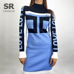 SINGREINY Autumn Letter Print Knitted Dress Female Retro Elastic Slim Sheath Dresses Winter Warm Bodycon Sweater Dress 220317