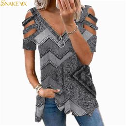 SNAKE YX Woman Tshirts Womens Wave Geometric Printed Short Sleeve Zipper Vneck Top Plus Fashion Graphic Oversized T Shirt 220527