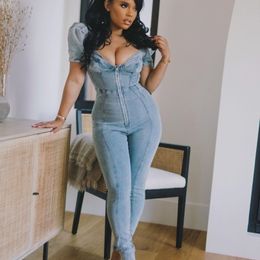 Women's Jeans Denim Club Overalls Sexy Women V-neck Bodycon Blue Party Jumpsuit Rompers W220427