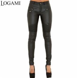 LOGAMI Faux Leather Pant Elastic Zipper Trousers Leren Broeken 220325