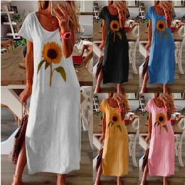 Summer Beach Maxi Dresses Women Sunflower Print Boho Long Dress 2022 Casual Short Sleeve O-Neck Split Party Vestidos Robe Femme