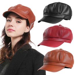 Women Leather Casual Newspaper Boys Cap Black Pu Leather Female Vintage Octagonal Cap Spring Winter Beret Ladies Flat Hat J220722