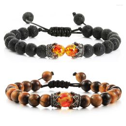 Beaded Strands 8mm Charm Bracelets For Men Natural Tiger Eye Black Lava Stone Pave CZ Imperial Crown Copper Beads Bangle Women Jewellery Puls