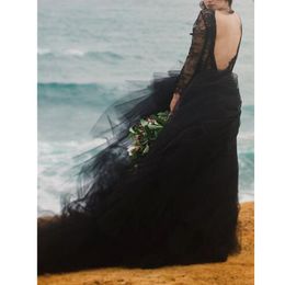 Gothic Full Black Lace Wedding Dresses A Line Long Sleeves V Neck Court Train Vintage Bridal Gowns 2022 Plus Size Wedding Wear