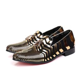 Shiny Gold Stripe Mens Wedding Party Flat Shoes Plus Size Fashion Loafers Genuine Leather Men Dress Shoes