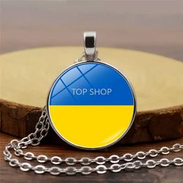 Ukraine Flag Trident Symbols Necklace Handmade Tryzub Ukraine Round Glass Pendant Fashion Jewelry Patriot Gift Party Favor EE