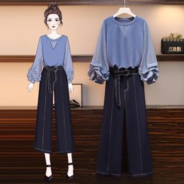 Women's Two Piece Pants Plus Size 2022 Autumn Long-sleeved Solid Colour Lantern Sleeve Chiffon Shirt Blouse Wide Leg Trousers Two-piece Suit