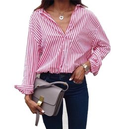 Women Striped Long Sleeve Blouse Shirt Female Loose Blusas Femme Autumn Fall Casual Ladies Office Blouses Top Sexy Plus Size 5XL 210326