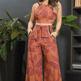 Women's Two Piece Pants Sleeveless Top & Set Summer Women O Neck Lightweight Slim Fit Leaves Print Vest Suit StreetwearWomen's