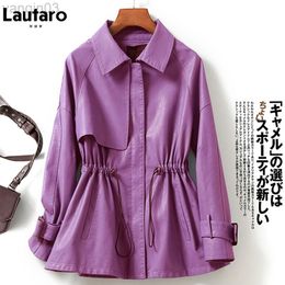 Lautaro Spring Casual Purple Faux Leather Streetwear Jacket Women Long Sleeve Drawstring Zipper Autumn Loose Korean Clothes L220801