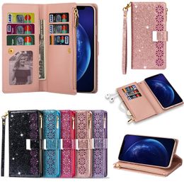 Bling Glitter Leather Multifunctional Zipper Wallet Flip Cases 9 Card Slots Wrist Strap For iPhone 14 13 12 11 Pro Max XR XS X 8 Plus Samsung S20 FE S21 S22 Ultra