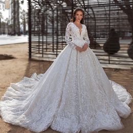 Princess Luxury Ball Gown Wedding Dresses Long Sleeves V Neck 3D Flower Sequins Appliques Beads Lace Ruffles Floor Length Bridal Gowns Plus Size robes de soiree