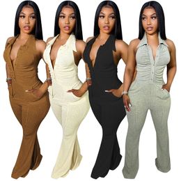 Wholesale Sexy Jumpsuits Summer Women Backless Knitted Rompers Solid Halter Jumper Suit Casual Skinny Bodycon Bodysuit Night Club Wear 7336