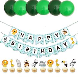 Party Decoration Jungle Puzzles Supplies Zabra Monkey Lion Cupcake Topper Latex Balloons Children Happy Birthday Banner Animal