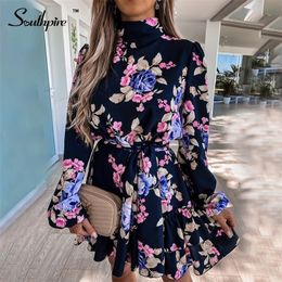 Southpire Navy Floral Print Loose Style Mini Dres Long Sleeve High Neck Party Dress Ladies Day Casual Clothes Spring 220402
