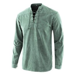 Men Cotton T Shirt Bandage Full Sleeve Tshirt Men Solid Color Tshirts Tops&tees Mandarin Collar Long Shirt Spring 201116