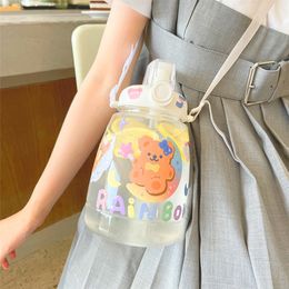 1300ml Cute Bear Big Capacity Water Bottle With Straw Strap Plastic Portable Sport Transparent Drink Bottles For Children Girl 220329