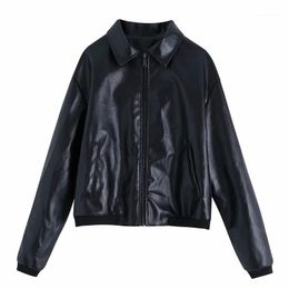 Women's Jackets Woman Vintage Black Oversized Leather Bomber 2022 Autumn Female Solid PU Zipper Outwear Ladies Loose Motorcycle Jacket