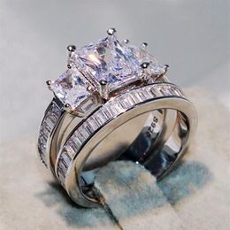 three stone wedding band UK - Size5-10 Couple 2PCS Lovers' Ring Luxury Jewelry Three Stone Princess Clear Zirconia Women Wedding Bridal Band Silver Ring Se298w