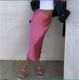 Skirts High Fashion Slim Rose Red Long Pencil Skirt Casual Simple Solid Color Waist Satin A-Line Office Lady Women ClothesSkirts