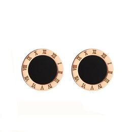 Fashion creative Roman letters small black round earrings female simple titanium steel exquisite temperament rose gold earrings jewelry