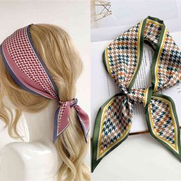 Women Silk Skinny Scarf Houndstooth Soft Hair Band Bag Wrist Satin Ribbon Girls Headband Foulard Neckerchief for Ladies 2021