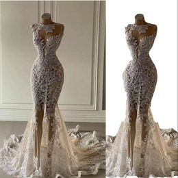 Sexy Transparent Mermaid Wedding Dresses Champagne Jewel Neck Illusion Sheer Lace Appliques Crystal Beading Court Train Formal Bridal Dress Plus Size 403