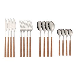 16pcs Stainless Steel Imitation Wooden Handle Cutlery Set Dinnerware Clamp Western Tableware Knife Fork Tea Spoon Silverware 220623