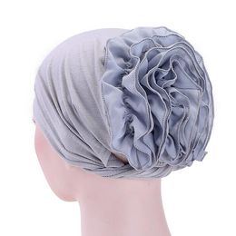 Big Flower Chiffon Women Muslim Hat Turban Hat Baotou Cap African Head Wrap Hijab Hat Solid Color Monochrome Headwear