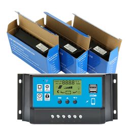 60A/50A/40A/30A/20A/10A Solar Charge Controller PWM Controllers 12V 24V Auto LCD Dual USB 5V Output Solar Panel PV Regulator