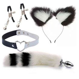 Erotica Anal Toys Cute Fox Tail Plug Cat Ears Headbands Set Adult Games Nipple Clip Neck Collar Erotic Cosplay Sex for Women Men 220507