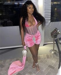 Sexy Pink Velvet Short Prom Dress 2022 For Black Girls Halter Neck Beads Birthday Party Mini Cocktail Dress Robe De Bal