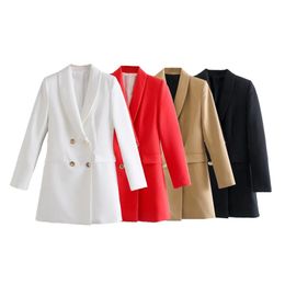 Women Fashion long double-breasted blazer Coat Vintage Long Sleeve Pockets Female Outerwear Chic Veste Femme Jackets 220402