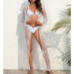 Women's Swimwear Women Long Kimono Cardigan Open Front Bikini Tunic Cover Up See Through Beachwear Sleeve Embroidery Lace Bathing SuitWomen'