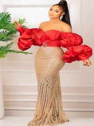 Luxury African Mermaid Evening Dress Red With Gold Sequin Plus Size Prom Dress Puff Sleeves 2022 Sweetheart Dinner Ceremony Party Formal Wear Special Occasion