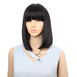womens hairstyles Canada - Straight Black Synthetic Wigs With Bangs For Women Medium Length Hair Bob Wig Heat Resistant bobo Hairstyle Cosplay wigs234l