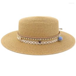 Wide Brim Hats HT3621 2022 Women Summer Sun Hat Straw Beach Cap Ladies Flat Top Boater Fedoras Female Travel Panama Eger22