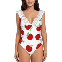 Women's Swimwear Cute Apples Sexy Ruffle Print Women One Piece Swimsuit Female Monokini Bathing Suit S Fruit Red TeacherWomen's