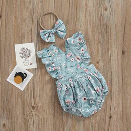 Sweet Summer Newborn Baby Girls Rompers Headband Toddler Infant Clothes Ruffles Sleeves Backless Rompers Jumpsuits Sunsuits G220521